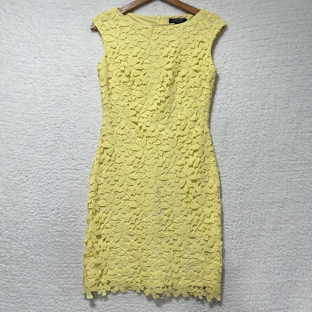 Lauren Ralph Lauren Yellow Floral Lace Sheath Dress Women's Bodycon Size 2‎